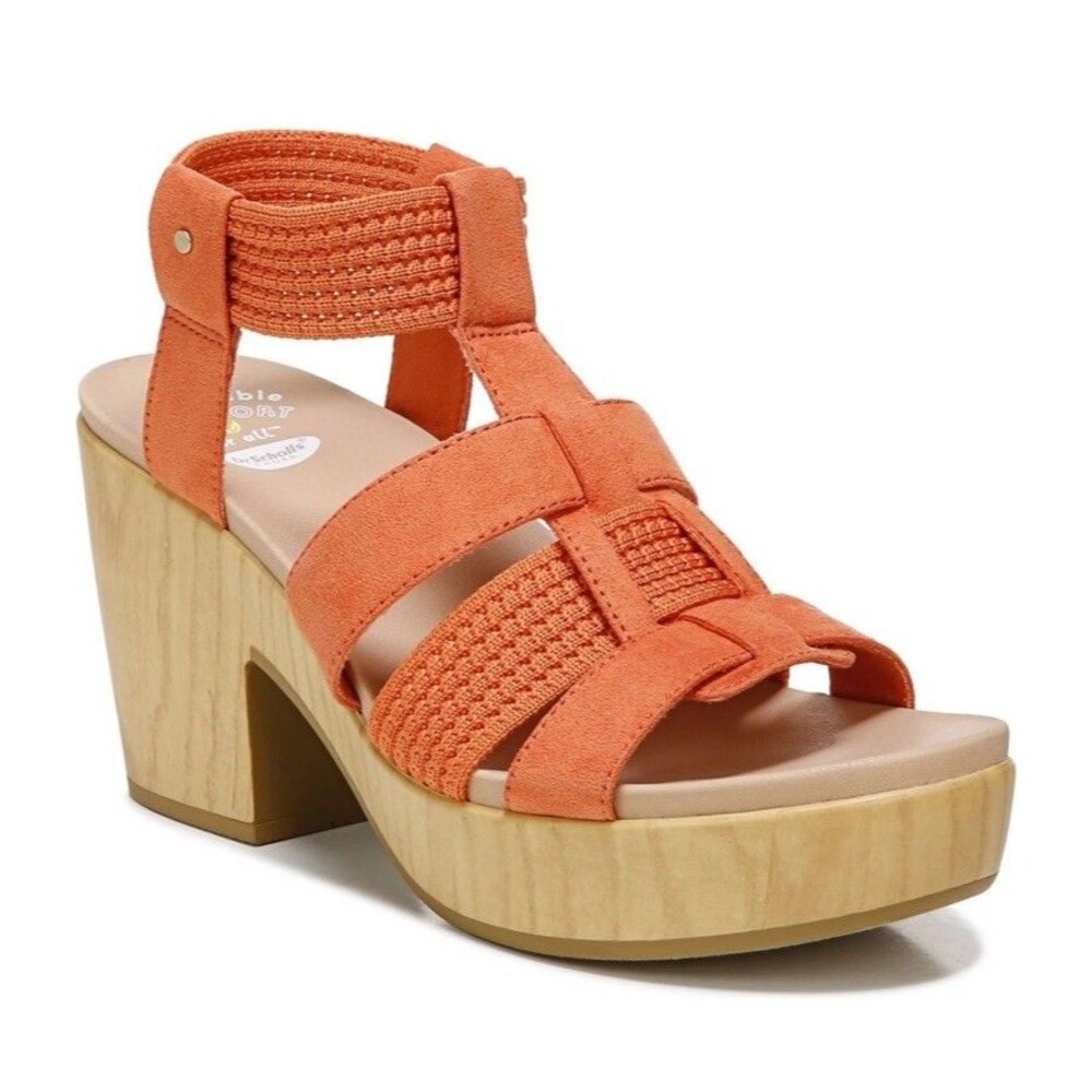 Dr Scholls Blossom Heeled Ankle Strap Sandals Size 9M Orange Faux Suede